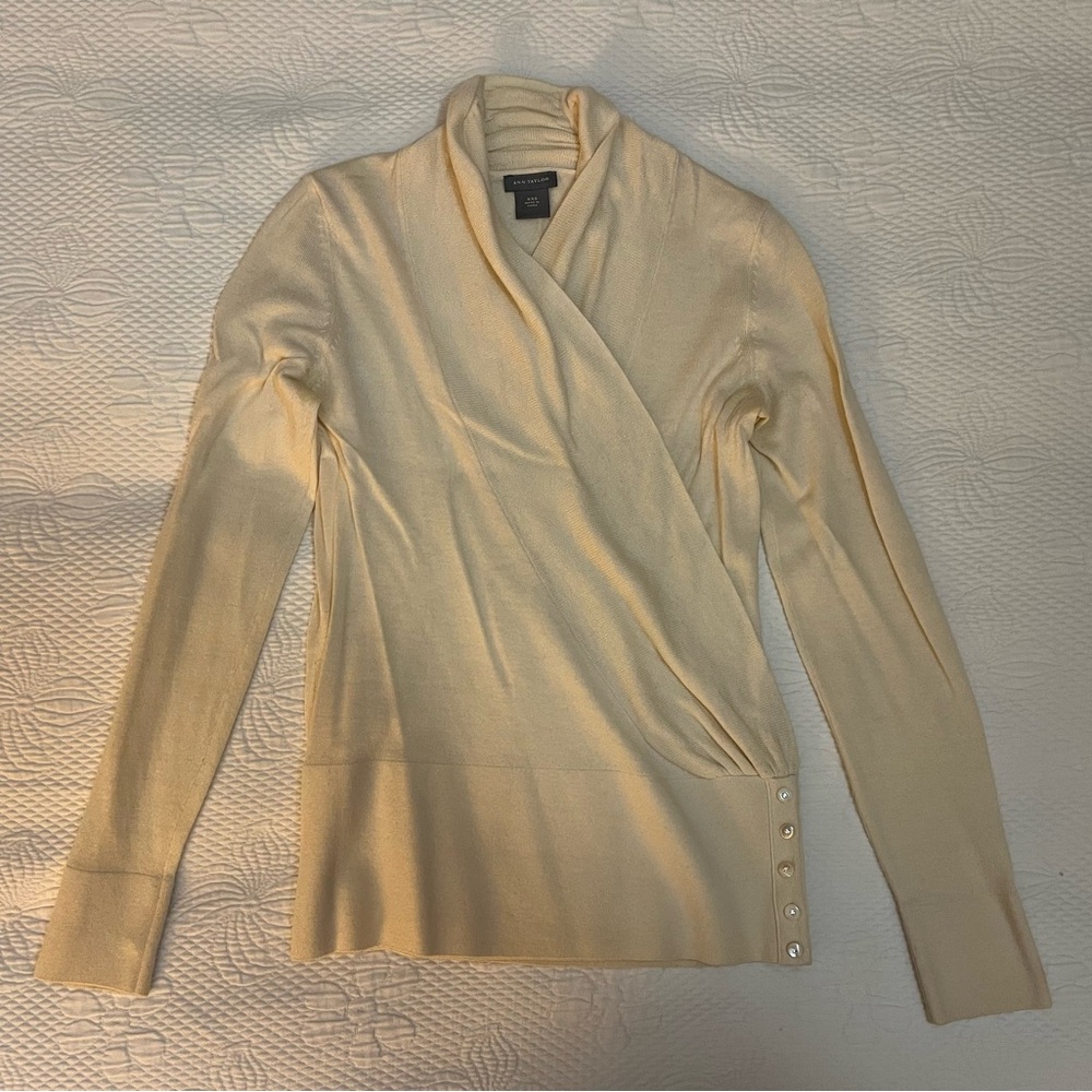 Ann Taylor Cream Cowl Neck Surplice Sweater Wool blend